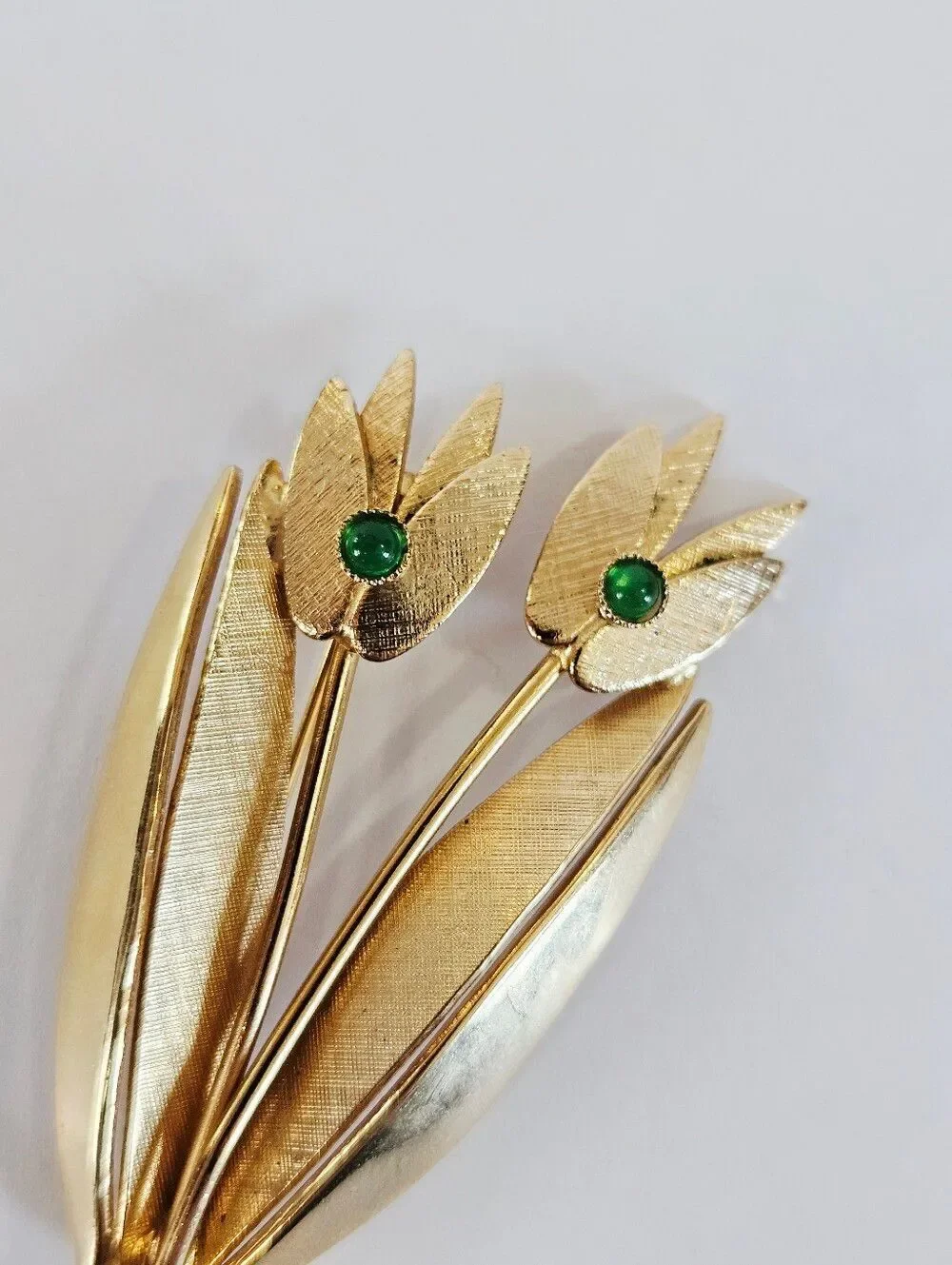 Vintage Signed Brasil Gold Tone Large Floral Sprig Green Stone Accent Brooch Pin